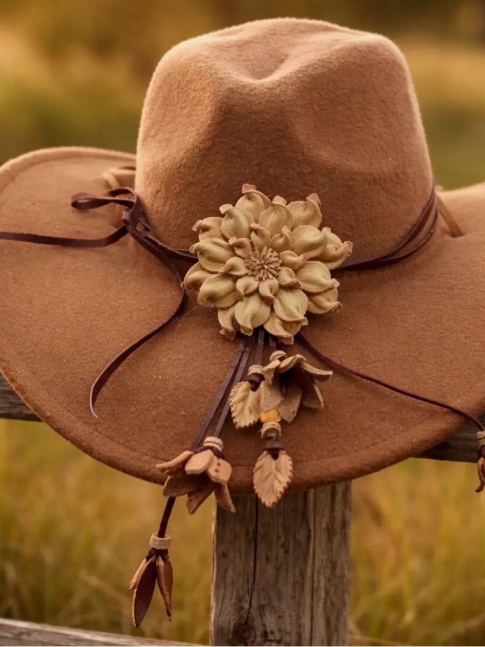 Women’s Brown Felt Wide-Brim Hat with Floral Accent